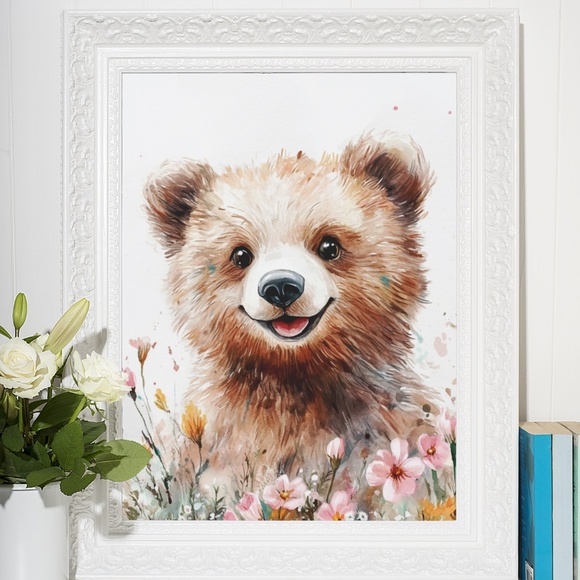 Watercolor Floral Bear Portrait Wall Art Illustration Print Poster Unframed - Picture 8 of 9